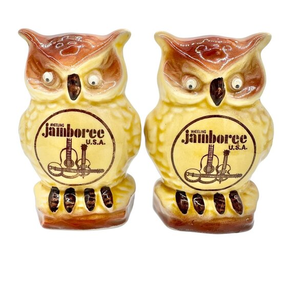 Vintage Scotty Wheeling Jamboree Owl Salt and Pepper Shakers Googly Eyes Move - Picture 1 of 9